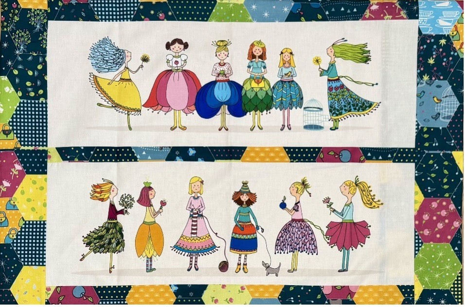 Pillow case with pattern part of the Fairy tale quilt pattern by 2 sew textiles using panel and co-ordinates by Monika Baldough