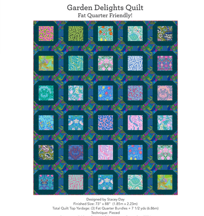 Garden Delights Quilt pattern with colorful square designs on a blue background available as a free pattern with purchase at 2 sew textiles art quilt supplies
