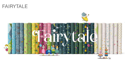 Colorful fabric swatches arranged in a row with 'Fairytale' branding.