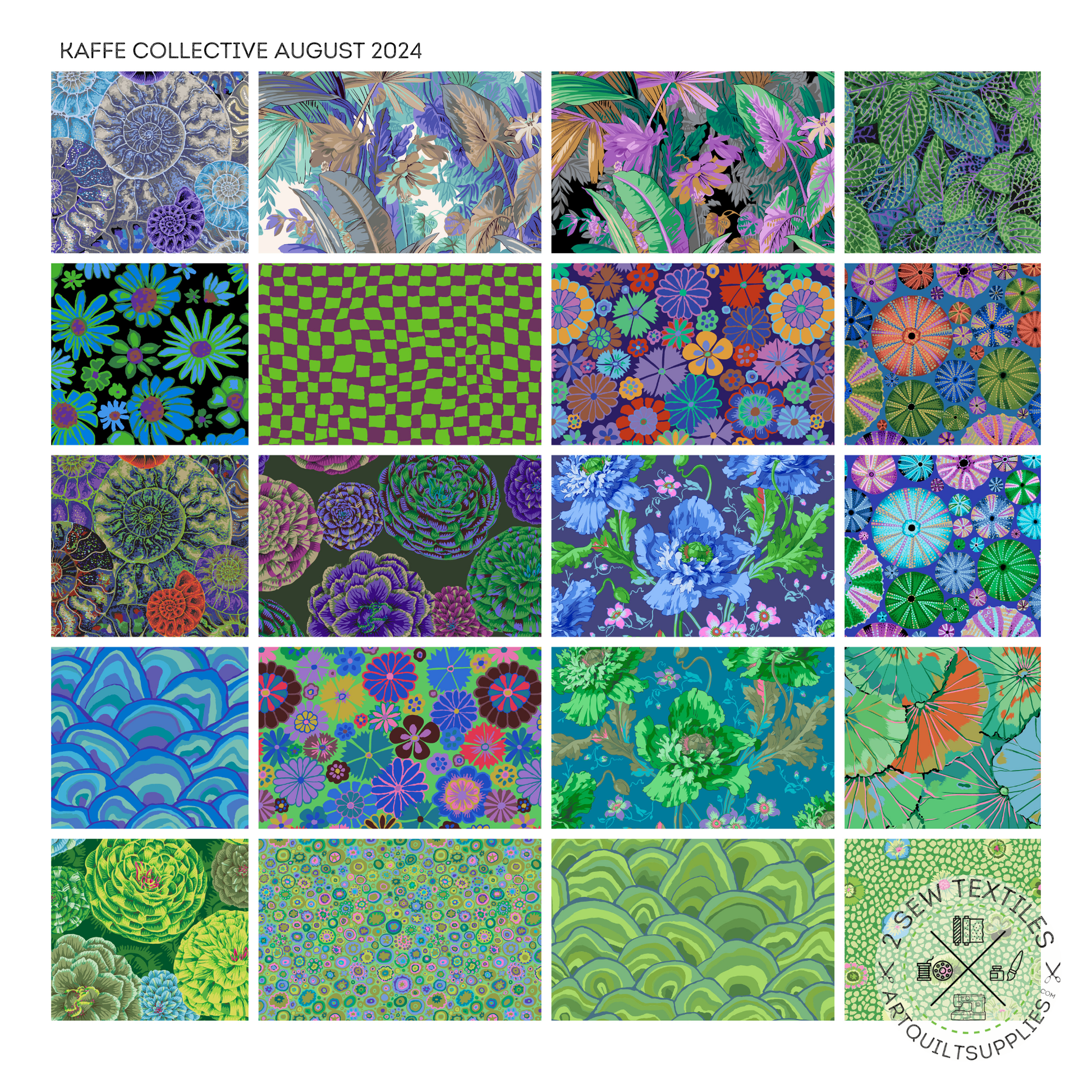 fabric layout bundle August 2024 COOL - 42 pc  Quilting Fabric Bundle - Kaffe Fassett Collective for FreeSpirit  -  available at 2 sew textiles art quilt supplies .com