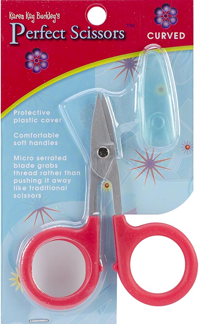 Red scissors curved in packet with blade cover - Micro Serrated Perfect Scissors set 3 - Karen Kay Buckley available from 2 Sew Textiles - art quilt supplies