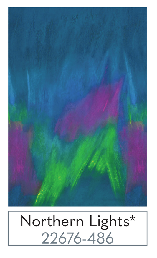 Abstract artwork with blue, green, and pink colors on a dark background.