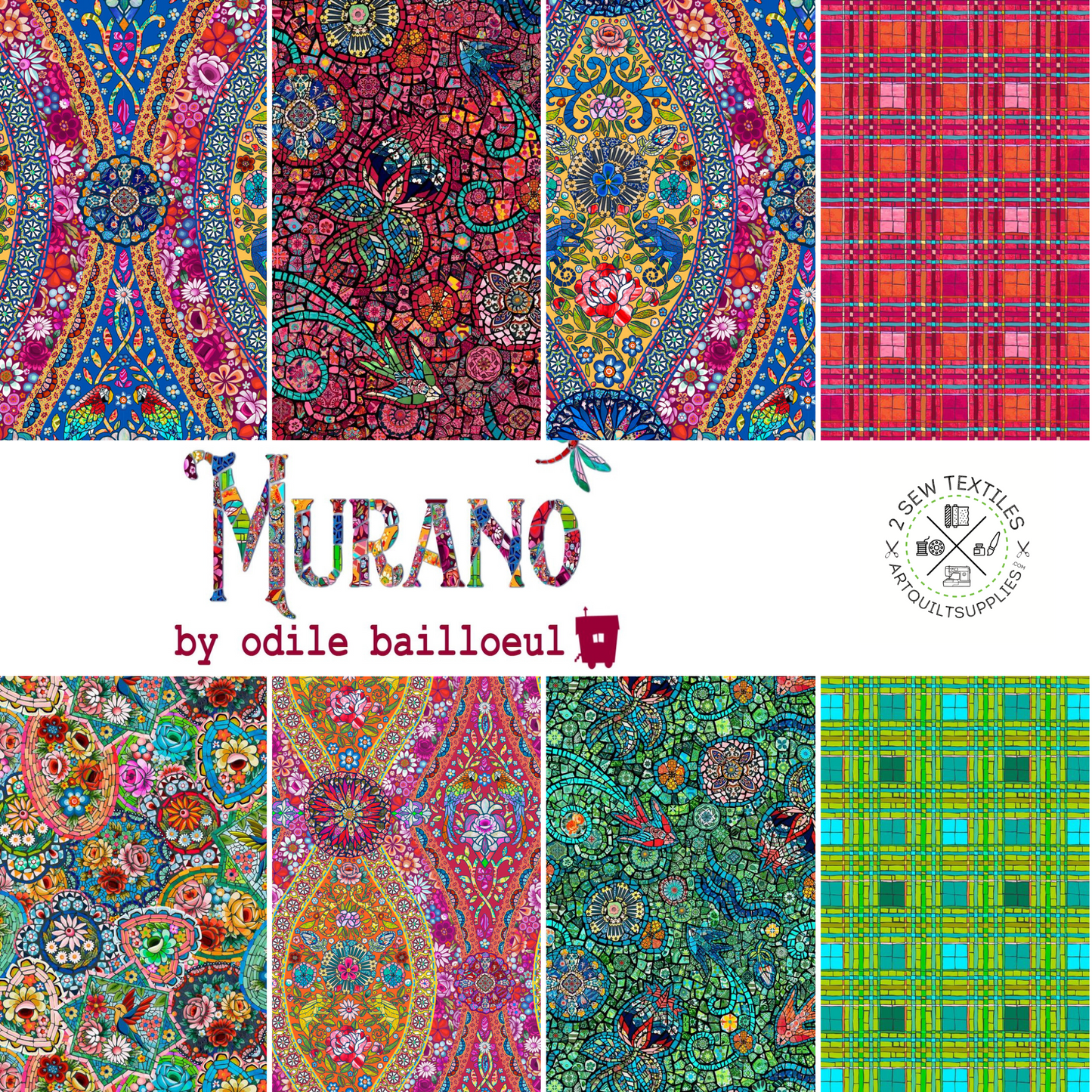 Murano collection by Odile Bailleoul featuring beautiful colours reflecting mosaic floors and stained glass church windows with hidden animals like dragon flies and chameleons and birds.  available at 2 Sew Textiles - art quilt supplies