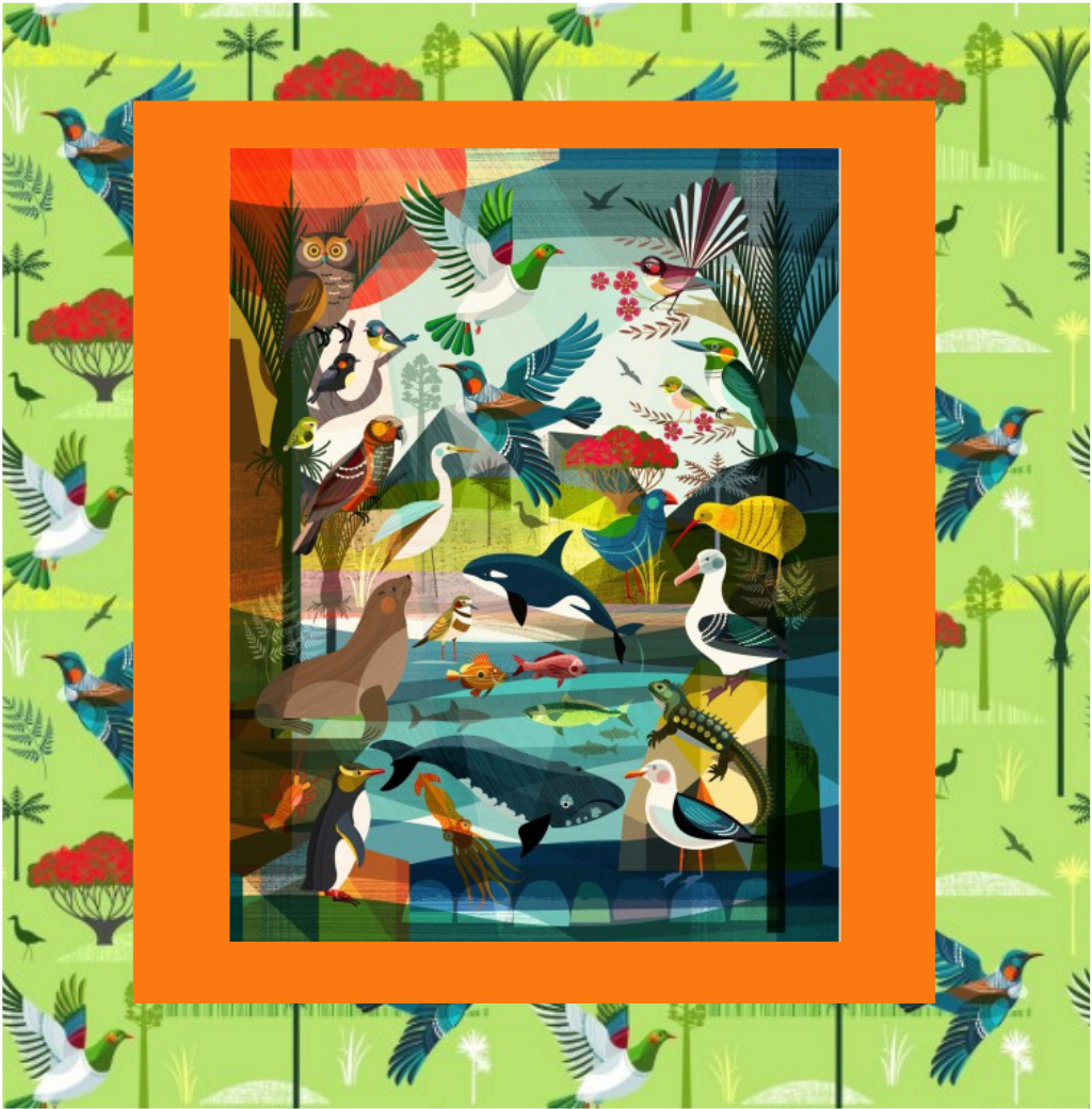 Panel and Kit with orange borders and Tui birds and kiwi life border fabric at 2 sew textiles art quilt supplies