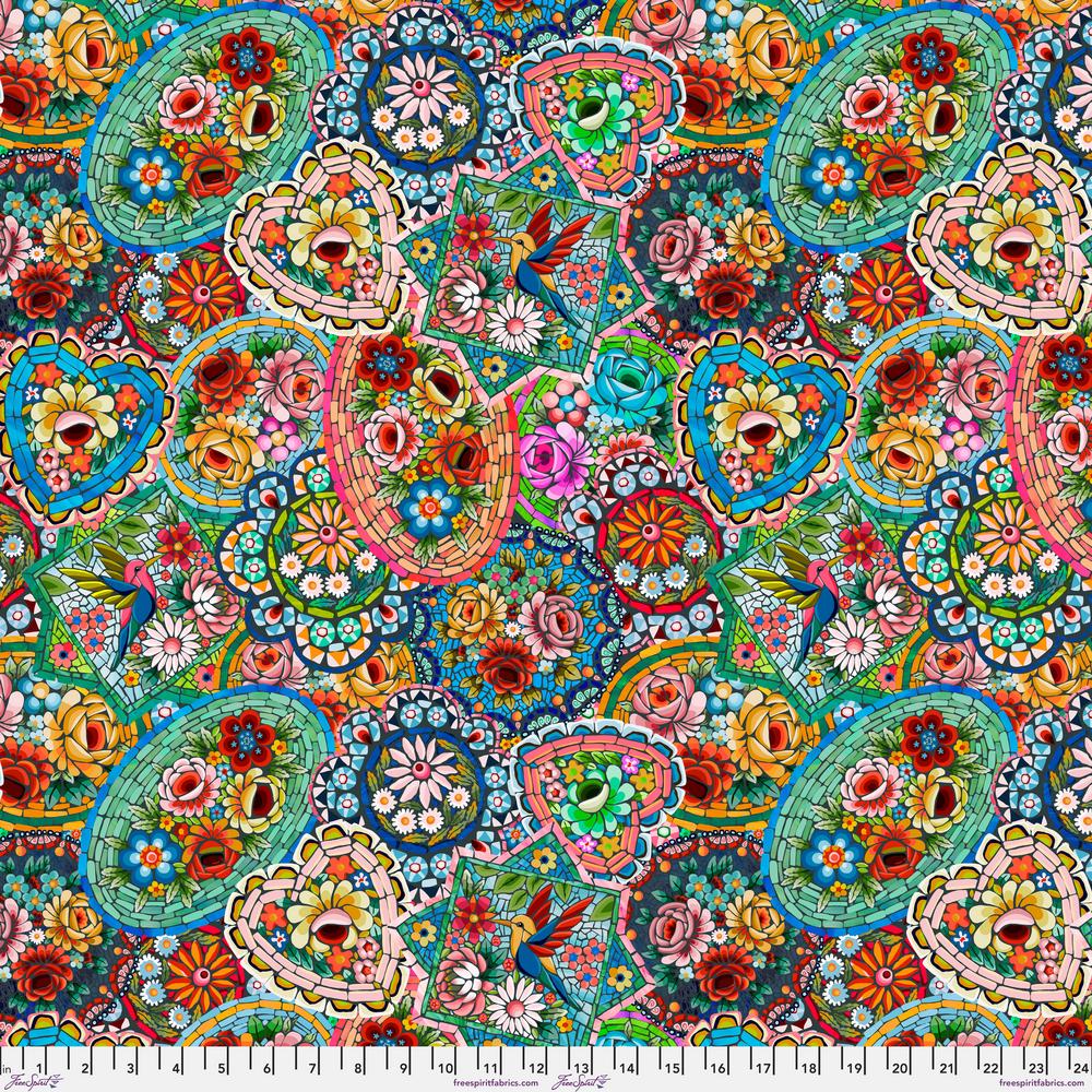 VENEZIA MULTI Murano collection by Odile Bailloeul inspired mosaics and marble, animals with flowers and cracked floors of palaces and castles.  reds blues teals and greens  available at 2 sew textiles art quilt supplies