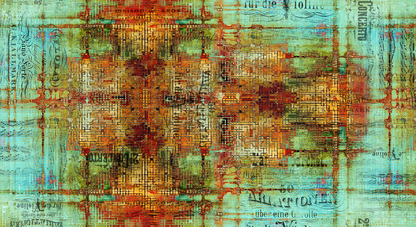 Rusted patina.. delicious red orang teal aquas...text and diagrams scrapbooking quilting by Tim Holtz at 2 sew Textiles art quilt supplies