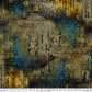 with ruler Tim Holtz Abandoned - Gilded Mosaic blues and golds with text and mosaic pattern.  For Free spirit Fabrics PWTH140 GOLD  at 2 sew textiles art quilt supplies