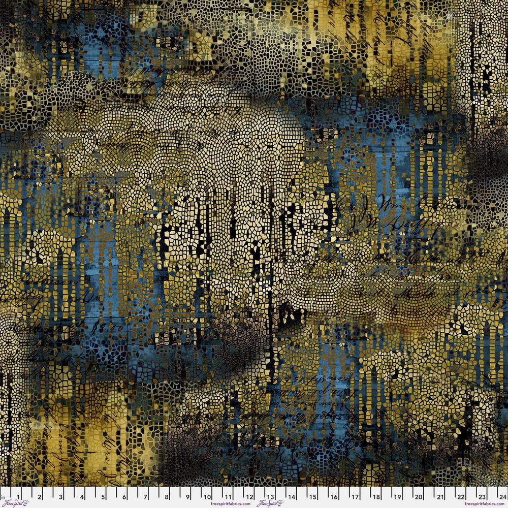 with ruler Tim Holtz Abandoned - Gilded Mosaic blues and golds with text and mosaic pattern.  For Free spirit Fabrics PWTH140 GOLD  at 2 sew textiles art quilt supplies