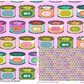 detail and width of fabric image pwtp094 electroberry cat snacks  tins pinks purples and teals diamonds and triangles fabric tabby road DeJa Vu collection by Tula pink at 2sew textiles - art quilt supplies