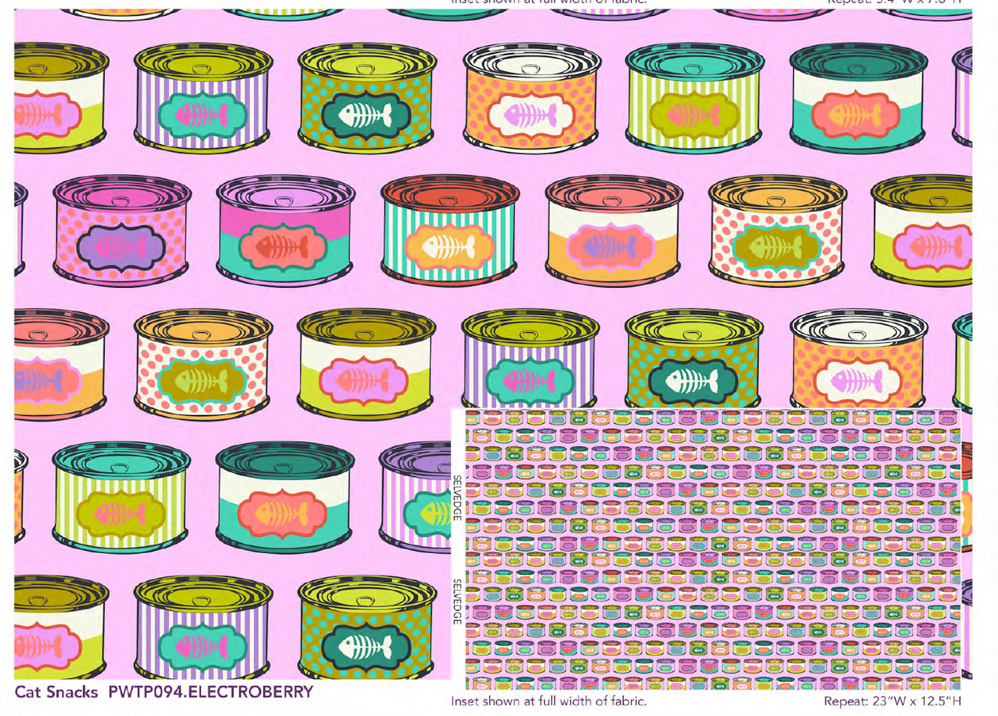 detail and width of fabric image pwtp094 electroberry cat snacks  tins pinks purples and teals diamonds and triangles fabric tabby road DeJa Vu collection by Tula pink at 2sew textiles - art quilt supplies