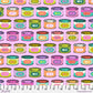 with ruler detail and width of fabric image pwtp094 electroberry cat snacks  tins pinks purples and teals diamonds and triangles fabric tabby road DeJa Vu collection by Tula pink at 2sew textiles - art quilt supplies