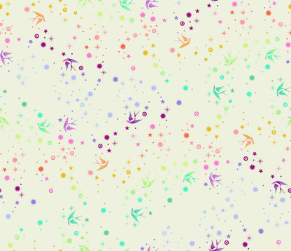 full repeat Tula Pink Starling in cotton candy stars and birds in rainbow colours on a cream background 2 sew textiles art quilt supplies
