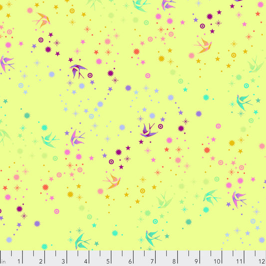 Tula Pink Starling in lime stars and birds in rainbow colours on a yellowy green background 2 sew textiles art quilt supplies