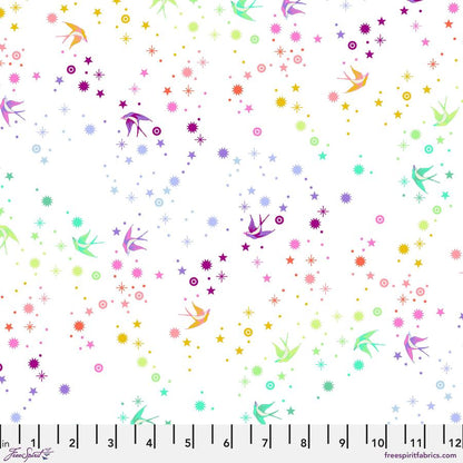 Tula Pink Starling in white stars and birds in rainbow colours on a white background 2 sew textiles art quilt supplies