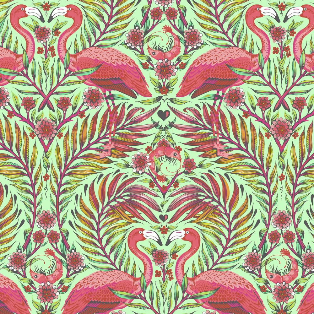 Flamingos with foliage in pink and teal.. and shrimp too.  Daydreamer 22pc fat quarter stack by Tula Pink for FreeSpirit fabrics at 2 Sew Textiles art quilt supplies