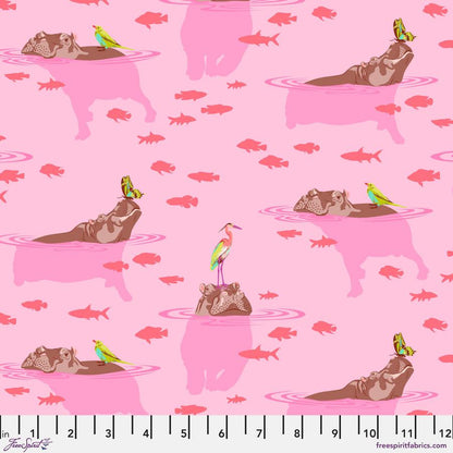 with ruler guide My hippos don't lie Everglow by Tula Pink Hippos with butterflies and birds on their noses with pink shadows and fish neon from 2 sew textiles art quilt supplies