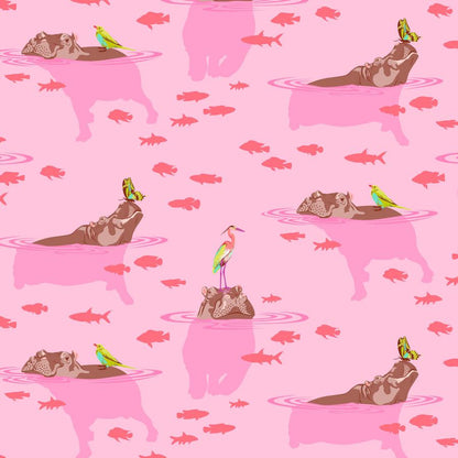 My hippos don't lie Everglow by Tula Pink Hippos with butterflies and birds on their noses with pink shadows and fish neon from 2 sew textiles art quilt supplies