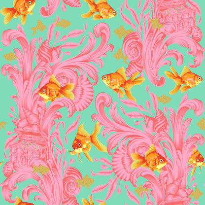 Orange goldfish on a teal background with pink designs and little gold embellishments Tula Pink - Besties - Treading Water - Blossom PWTP214.BLOSSOM at 2 Sew Textiles Art Quilt Supplies