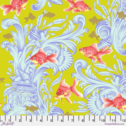 with ruler Pink goldfish on a lime green background with pink designs and little gold embellishments Tula Pink - Besties - Treading Water - Blossom PWTP214.clover at 2 Sew Textiles Art Quilt Supplies