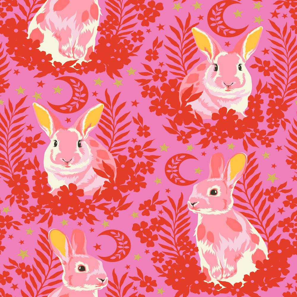 Detail - Pink Bunny rabbits on a pinky red background with pink designs and little gold embellishments Tula Pink - Besties - Treading Water - Blossom PWTP215.BLOSSOM at 2 Sew Textiles Art Quilt Supplies