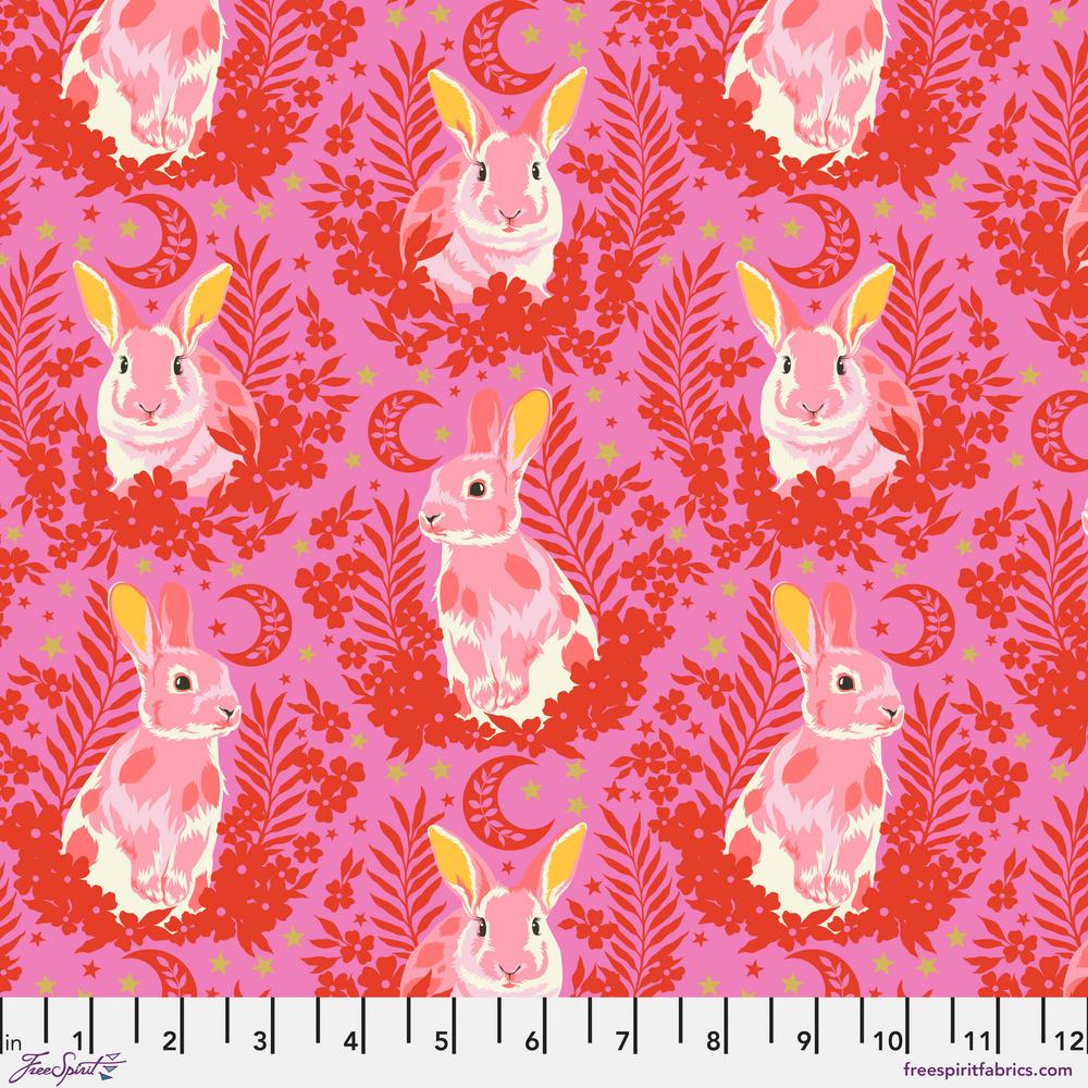 with ruler Pink Bunny rabbits on a pinky red background with pink designs and little gold embellishments Tula Pink - Besties - Treading Water - Blossom PWTP215.BLOSSOM at 2 Sew Textiles Art Quilt Supplies