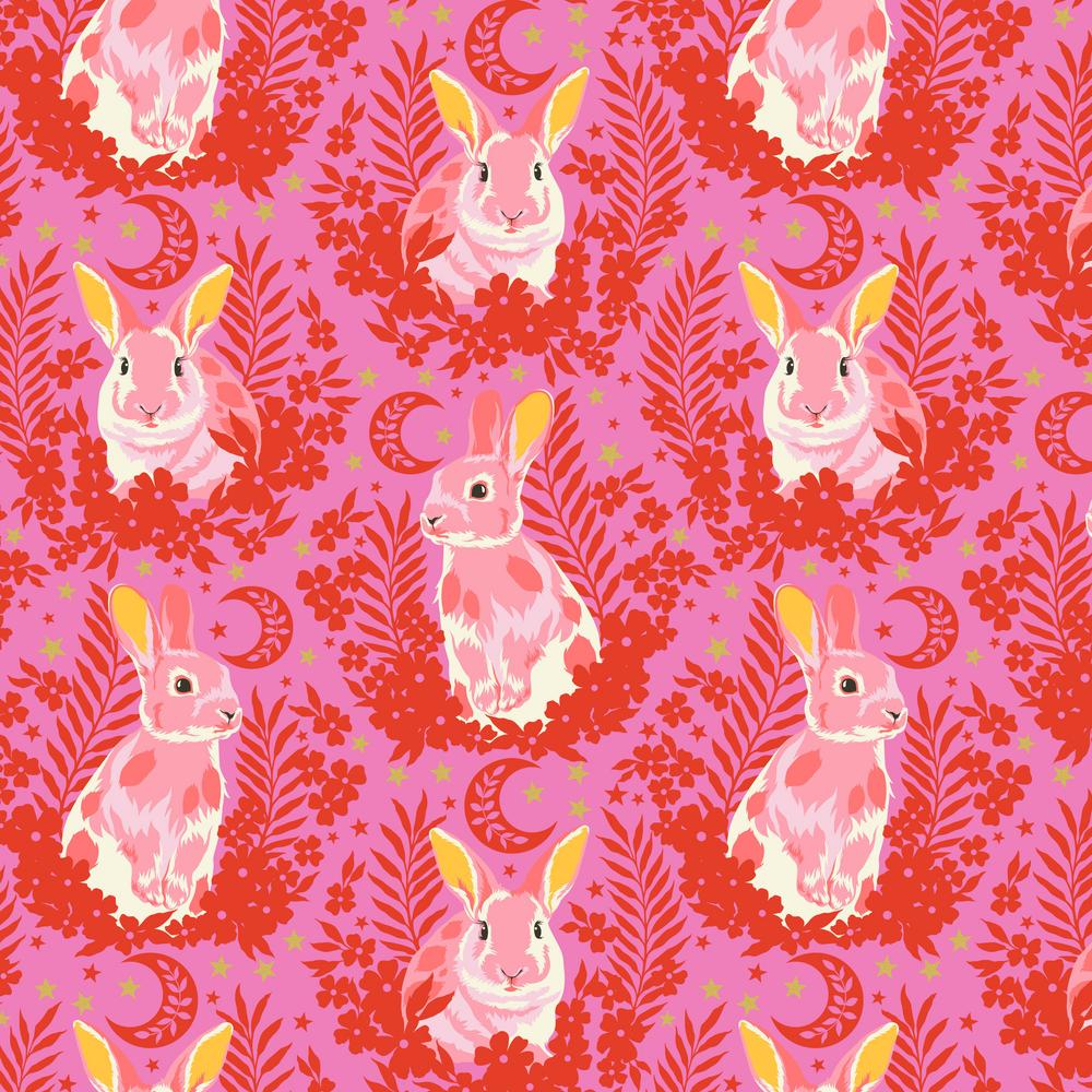 Pink Bunny rabbits on a pinky red background with pink designs and little gold embellishments Tula Pink - Besties - Treading Water - Blossom PWTP215.BLOSSOM at 2 Sew Textiles Art Quilt Supplies