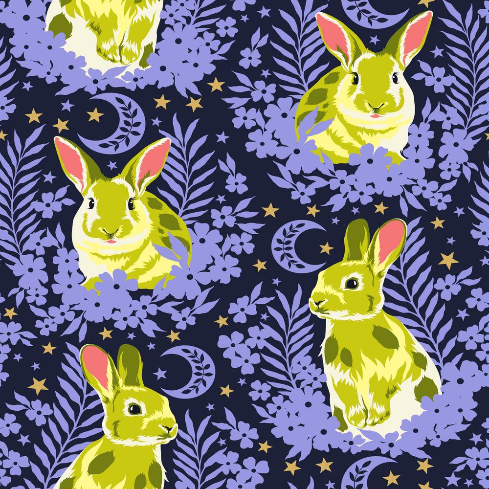 Green Bunny rabbits on a purple blue background with pink designs and little gold embellishments Tula Pink - Besties - Treading Water - Bluebell PWTP215.bluebell at 2 Sew Textiles Art Quilt Supplies