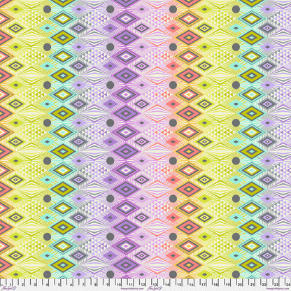 with ruler for scale PWTP232 Prism disco lucy pinks purples and teals diamonds and triangles fabric tabby road DeJa Vu collection by Tula pink at 2sew textiles - art quilt supplies