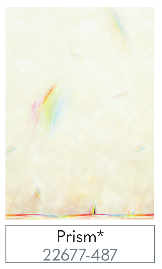 Color swatch with rainbow gradient labeled 'Prism' and code 22677-487 on a beige background