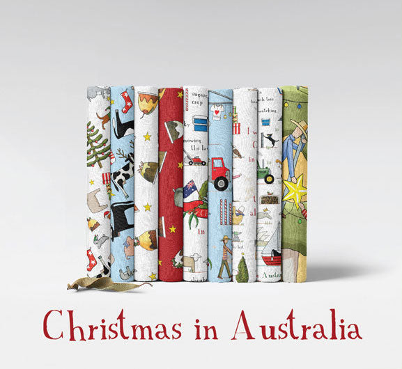 Christmas in Australia quilting craft fabric, cotton, fun xmas range with  puddings and pots by Red Tractor Designs at 2 Sew Textiles