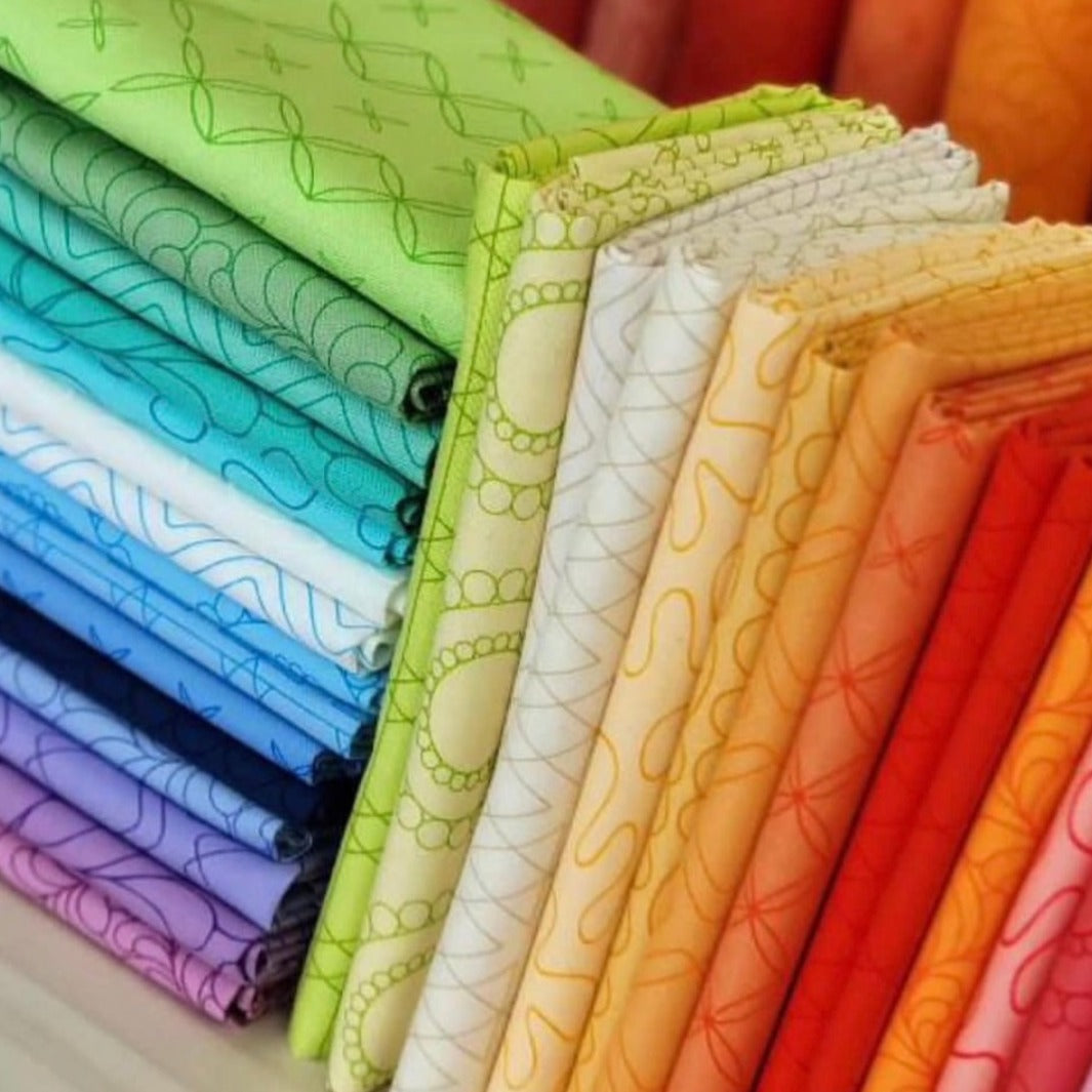range of colours  - Rainbow sherbet with fun quilty design by Sarah Ditty for Moda Fabric at 2 Sew Textiles Art Quilt Supplies
