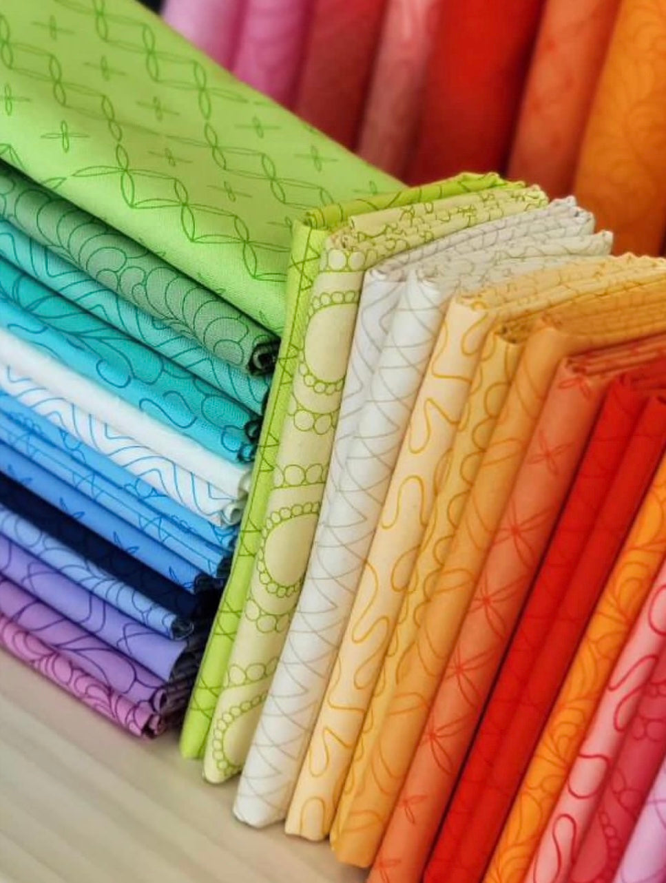colour - Rainbow sherbet with fun quilty design by Sarah Ditty for Moda Fabric at 2 Sew Textiles Art Quilt Supplies