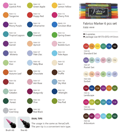 Fabrico Fabric Marker Pen Sets -  by Tsukineko Japan - Dual tip - permanent - Great for fabric painting and collage textile art