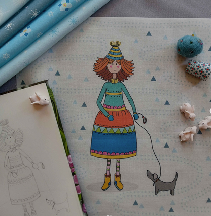 Illustration of a girl with a dog on a patterned fabric by Monika Boldogh
