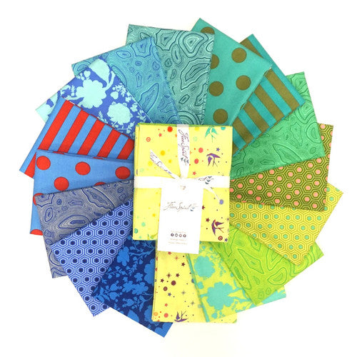 fq layout Starling colourway - lime yellow teal blue green Tula pink fat quarter fq fabric stack  fabrics from here True Colours colors fabric line available at 2 sew textles art quilt supplies