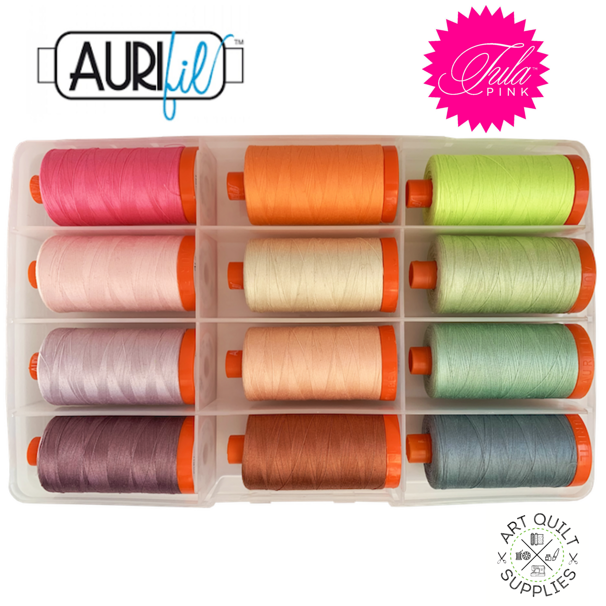 Aurifil thread collection by Tula Pink neons and neutrals 50wt thread 12 large spools at 2 sew textiles 2sew art quilt supplies