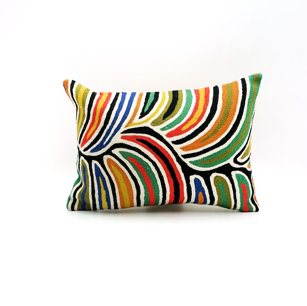 Aboriginal Art Cushion Cover: Hand Embroidered Wool, Mina Mina Dreaming