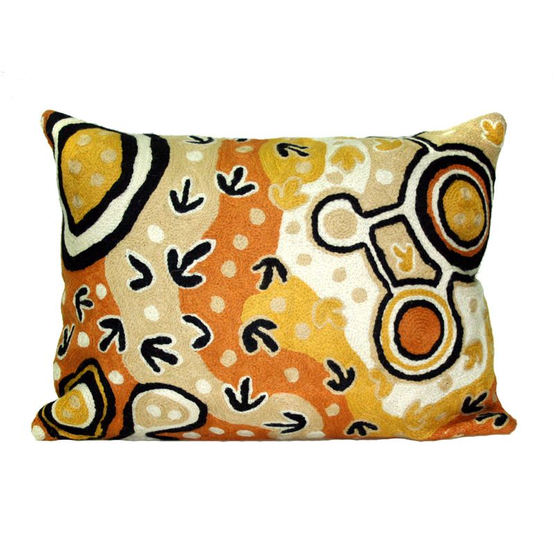 Emu Dreaming Cushion Cover: Australian Aboriginal Embroidered Art (12x14")