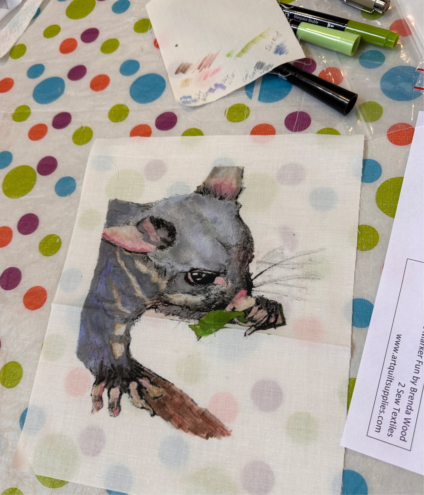 Possum drawing - Fabric art set as seen at craftalive from 2 sew textiles art quilt supplies