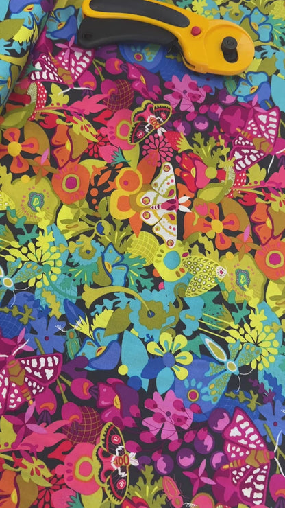 video all over print Alison Glass - Colorwheel in Art theory Day Night - quilt fabric collection available at Brisbane Australia online fabric store art quilt supplies 2 sew textiles. colour fun fabrics, featuring moths and flowers and other lovely nuances. Great as border, binding and feature fabrics, but also wonderful as a cushions and round table mats.
