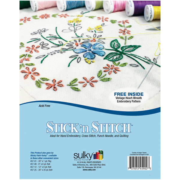 Packet back Sulky Stick 'n Stitch is ideal for Art Quilting, Hand Embroidery, Cross Stitch, Punch Needle, and Quilting. It is as easy to use as 1-2-3! Print or copy your design onto a Stick 'n Stitch sheet, at 2 Sew Textiles art quilt supplies