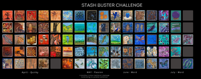 Rainbow Stash Buster members makes for the first few months of 2024 orange brown, blue green, blue brown, teal purple colours 2 sew textiles art quilt supplies