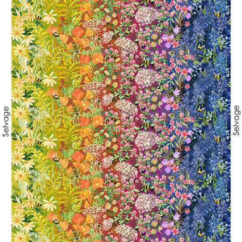 Wild Blossoms with a rainbow of colour, bees and flowers and foliage across the width.  By Robin Pickens for Moda Fabric at 2 Sew Textiles Art Quilt Supplies Selvage View