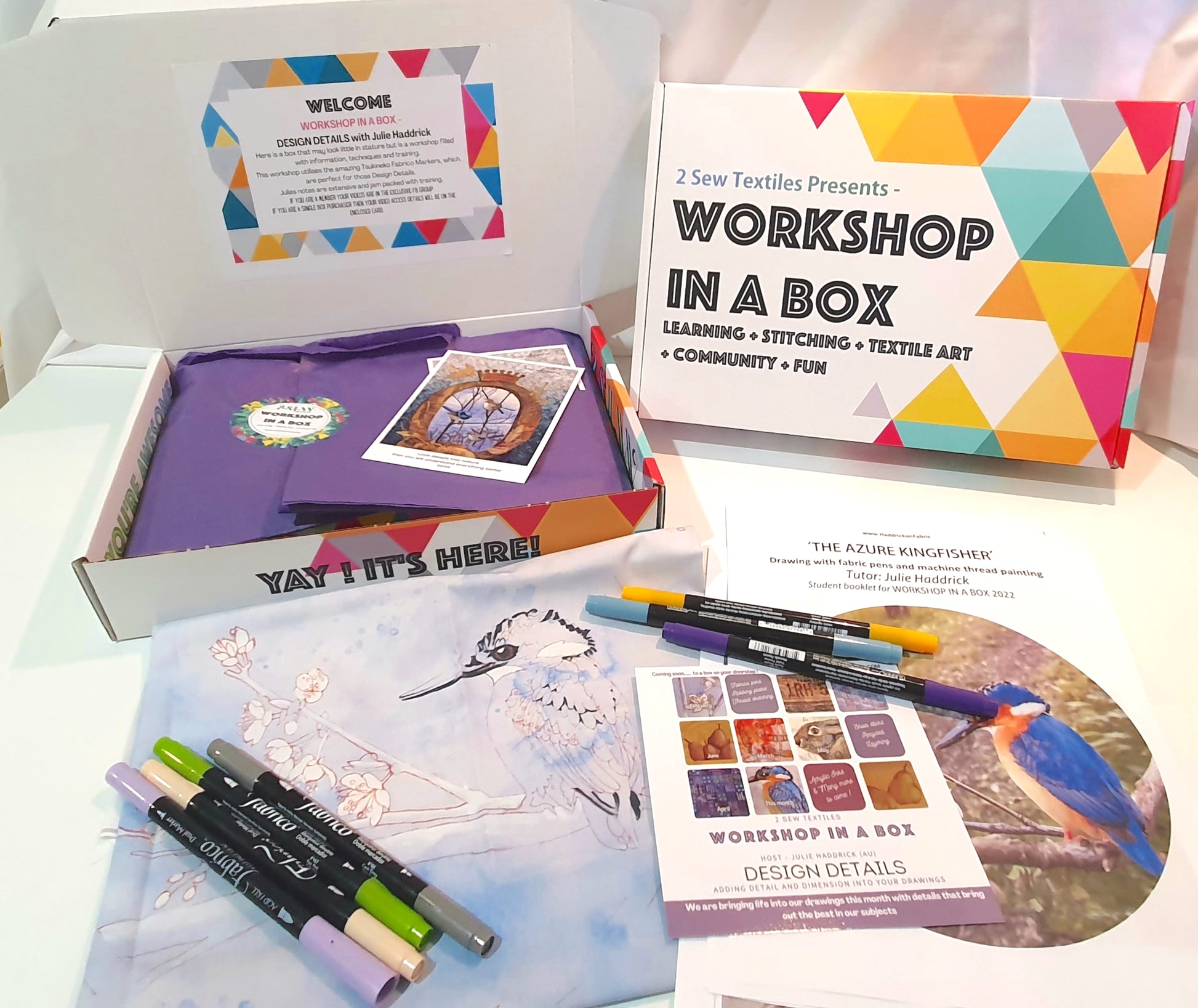 Workshop in a box showing contents with Julie Haddrick