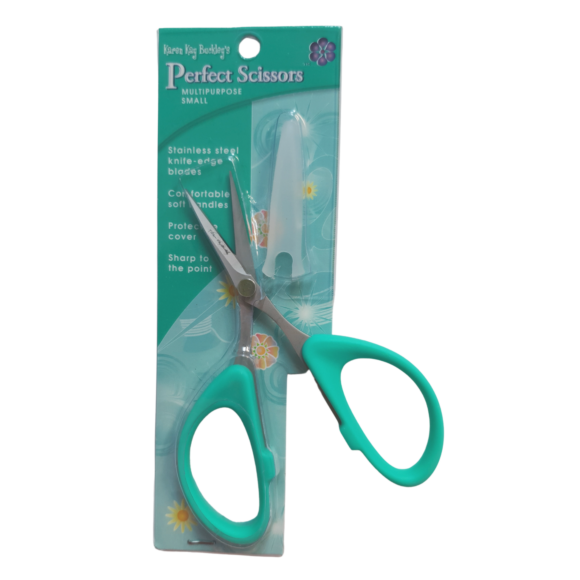 in the packet karen kay buckley sea foam green small scissors with blade cover from 2 sew textiles