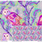 Tula Pink Moon garden owls in purple and teal and grey showing full width range and detail