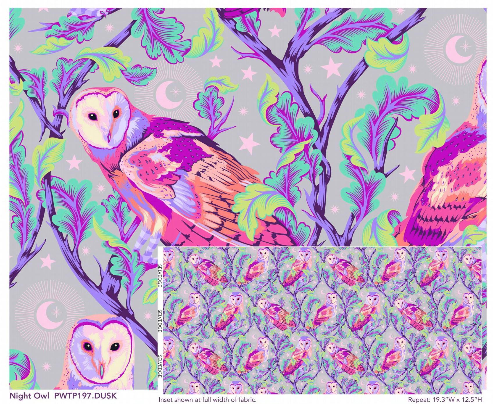 Tula Pink Moon garden owls in purple and teal and grey showing full width range and detail