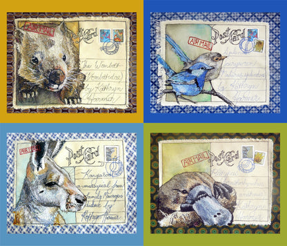 wombat wren kangaroo platypus Australian animals - printed images of Kathryn Harmer Fox's stitched images.  Printed onto Cotton Poplin - quality quilting weight by 2 Sew Textiles - art quilt supplies
