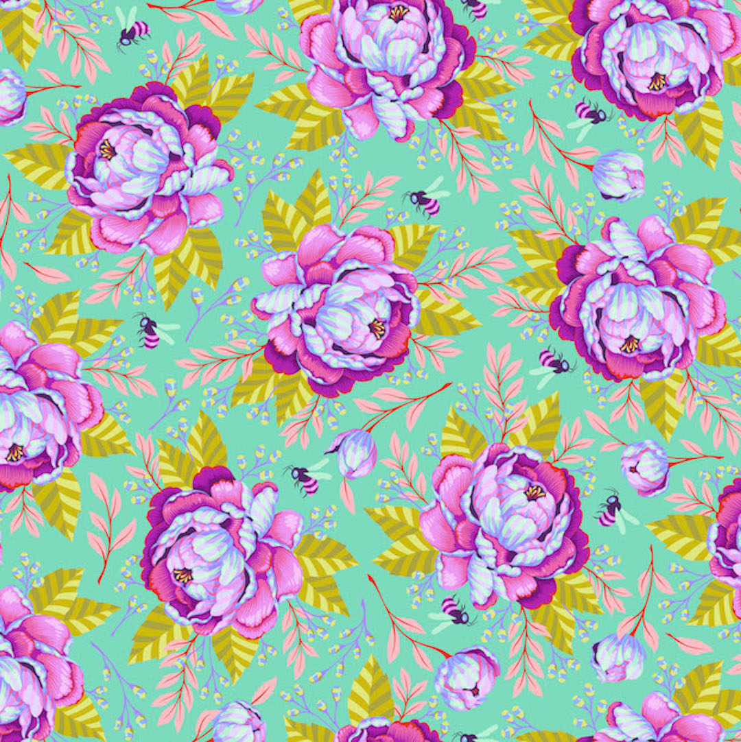 Tula Pink Kabloom teal with purble roses and bees Quilt Fabric