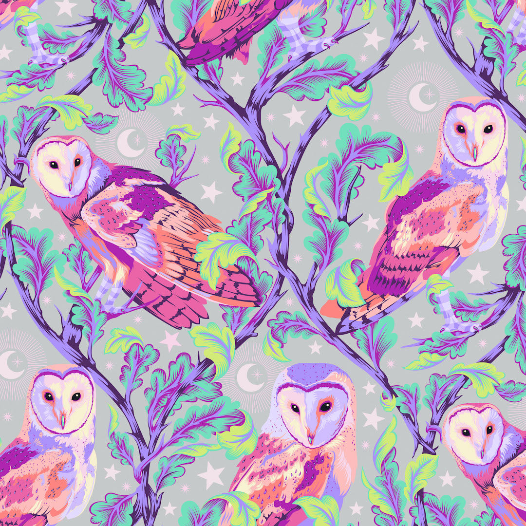 Tula Pink Moon garden owls in purple and teal and grey